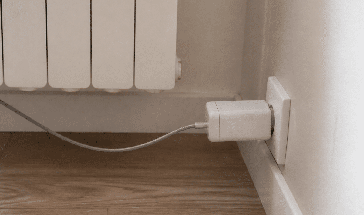 Adaptateur électrique blanc inséré horizontalement dans prise radiateur murale
