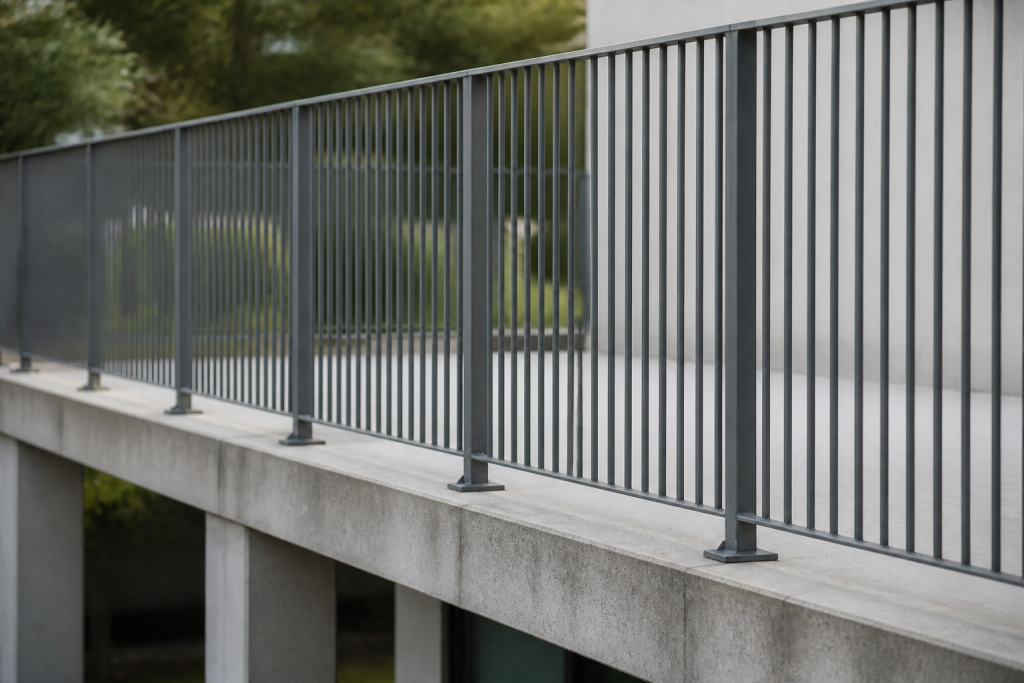 Barriere metallique avec barreaux rapproches sur terrasse sureelevee