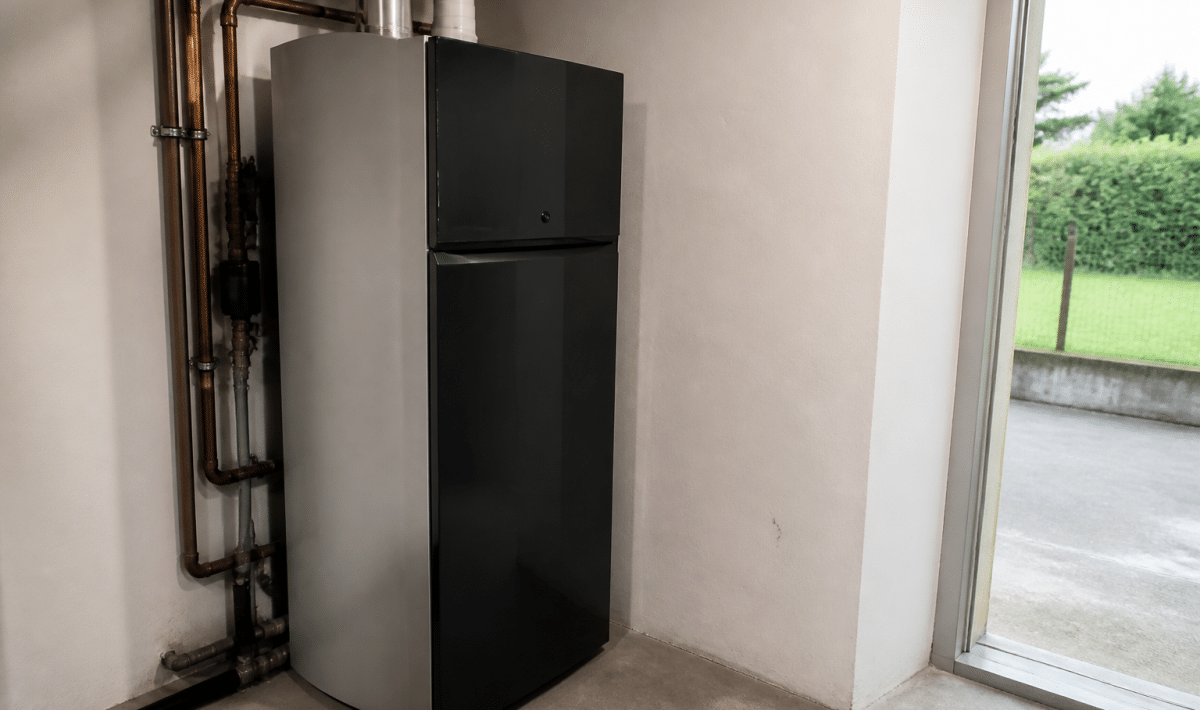 Chaudiere fioul condensation installee contre mur blanc