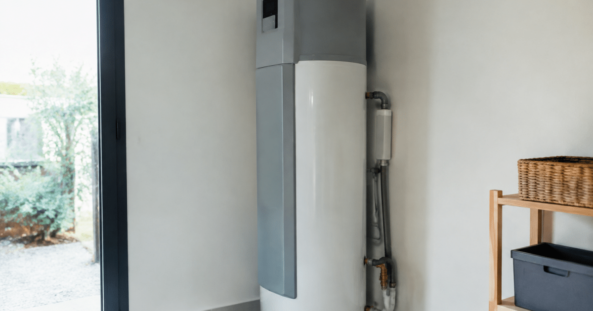 Chauffe-eau thermodynamique installé verticalement contre mur blanc