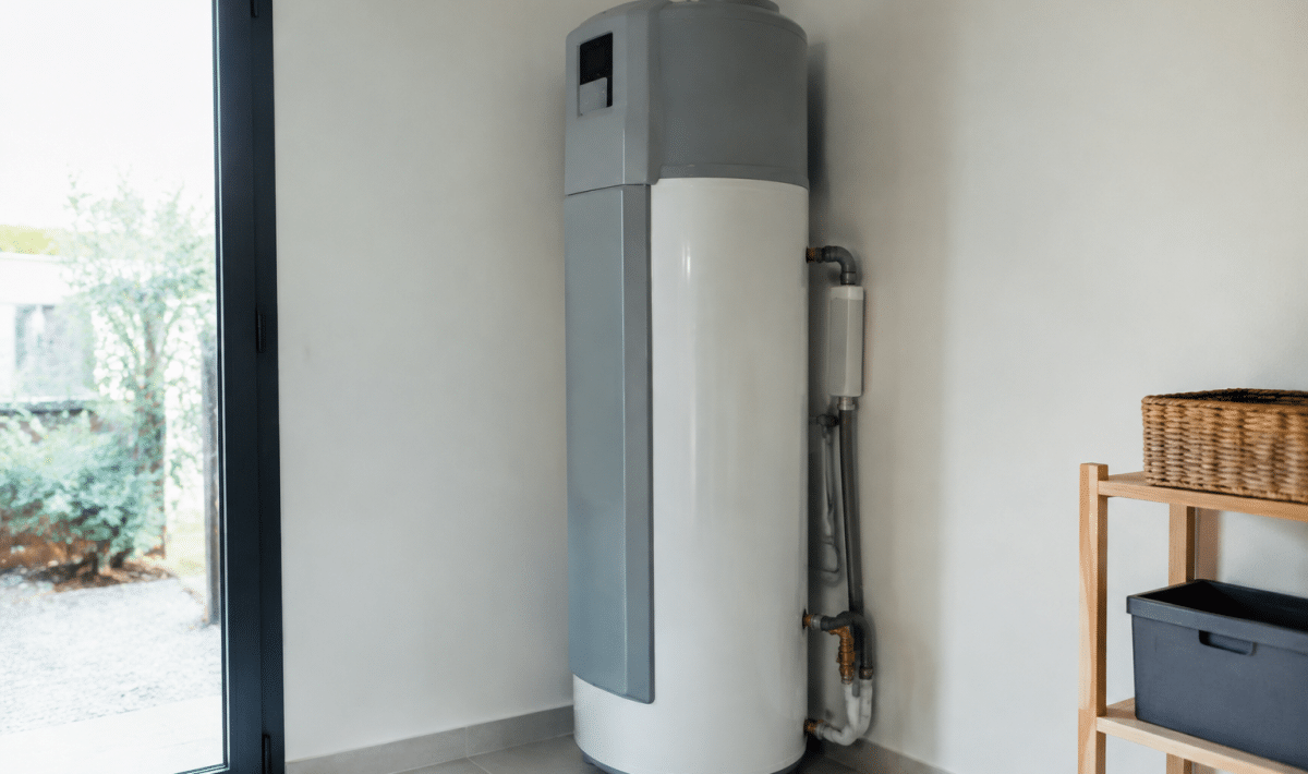 Chauffe-eau thermodynamique installé verticalement contre mur blanc