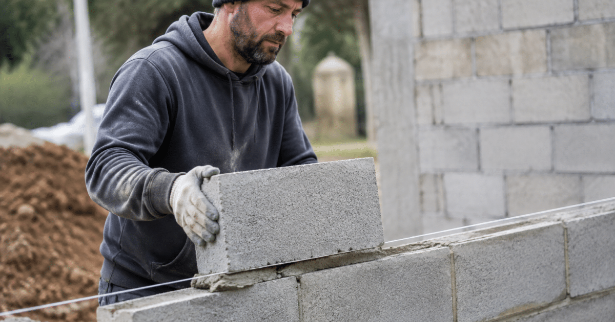 Maçon empilant blocs gris ciment horizontalement avec joint régulier