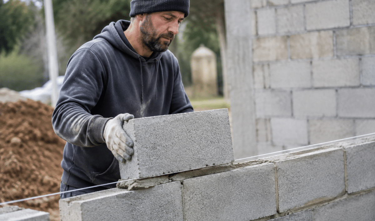 Maçon empilant blocs gris ciment horizontalement avec joint régulier