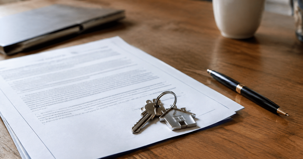 Document notarié posé sur table avec clés maison et stylo