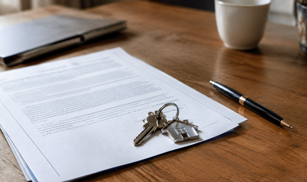 Document notarié posé sur table avec clés maison et stylo