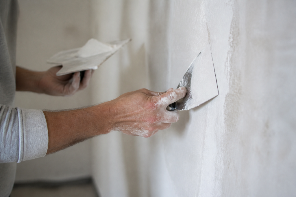 Mains appliquant enduit blanc sur surface murale