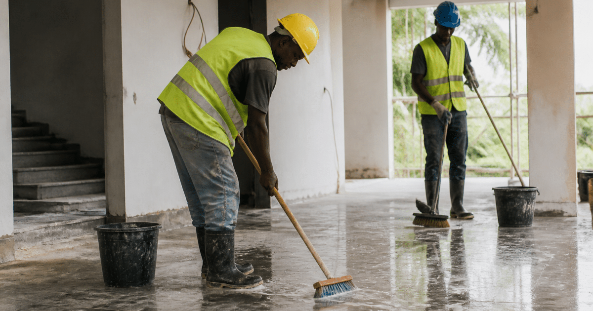 Ouvriers avec balais et seaux nettoyant sol chantier construction