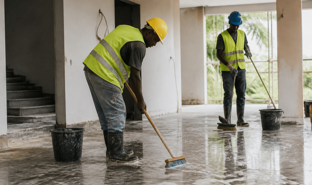 Ouvriers avec balais et seaux nettoyant sol chantier construction