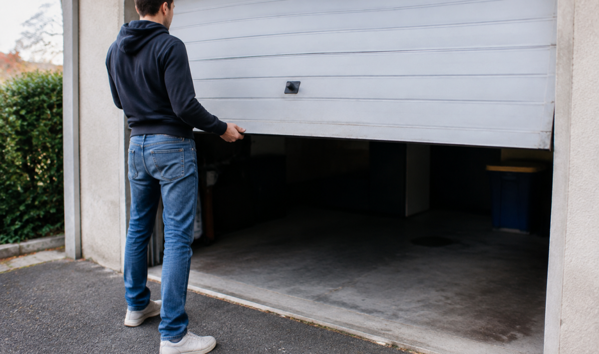 Personne debout soulevant le panneau metallique de garage