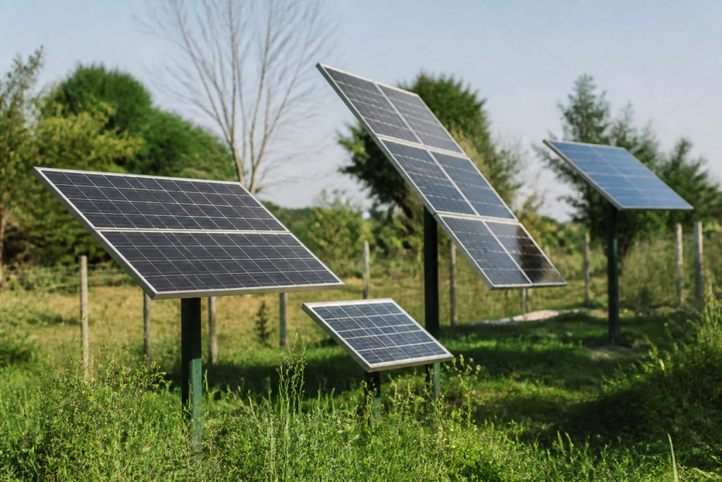 Plusieurs panneaux solaires disposes angles differents ensoleillement direct