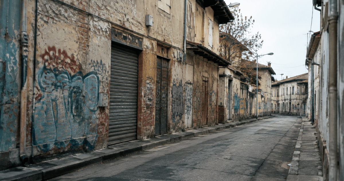 Rues délabrées avec bâtiments fermés et graffitis visibles