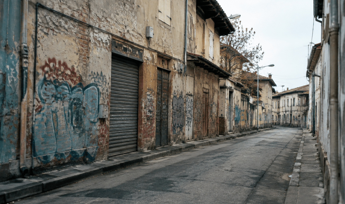 Rues délabrées avec bâtiments fermés et graffitis visibles