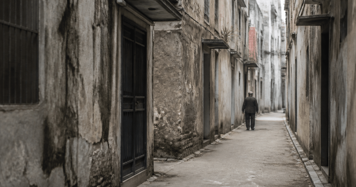 Rues etroites avec immeubles deteiorees et facades grises delabrees