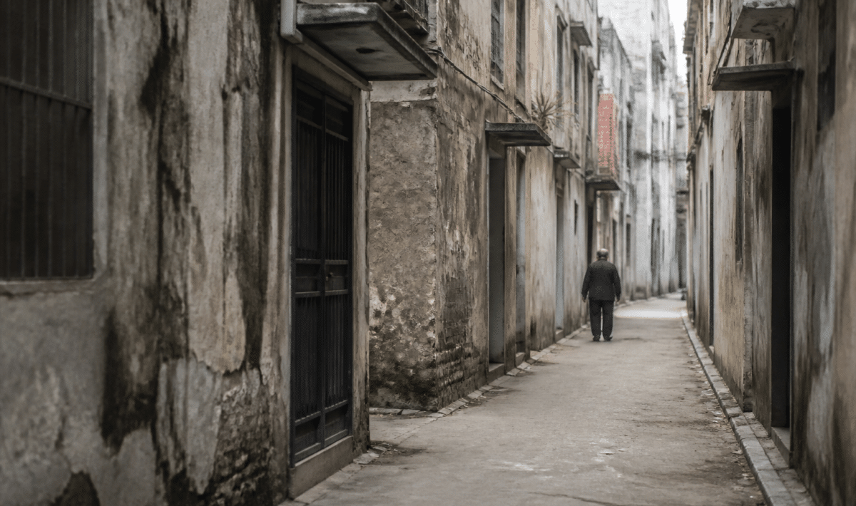 Rues etroites avec immeubles deteiorees et facades grises delabrees