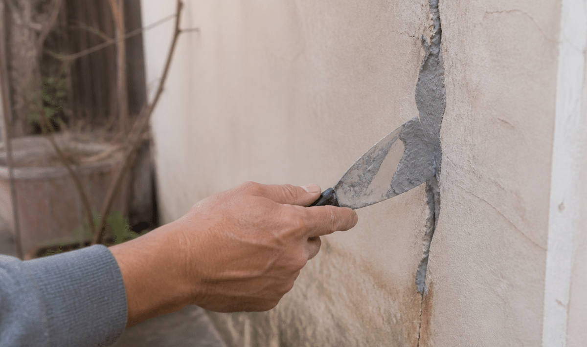 Main appliquant du mastic gris dans une fissure murale verticale