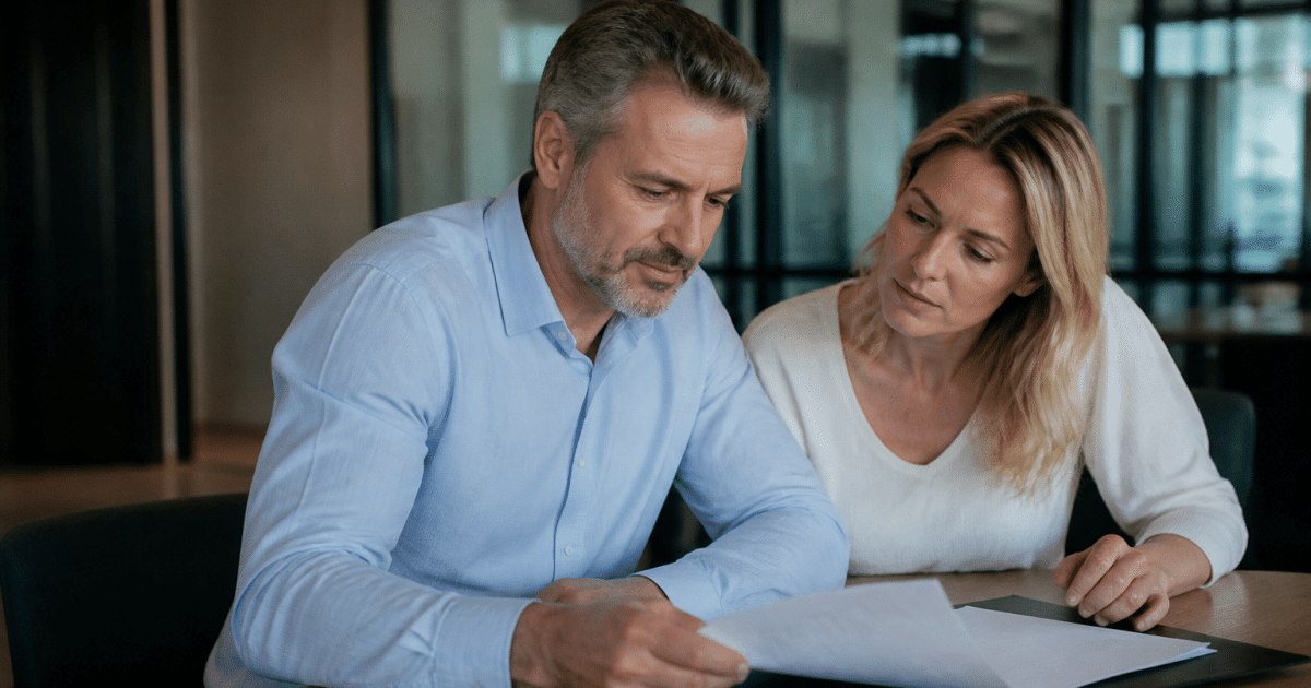 Couple age avance consultant document financement immobilier assis bureau
