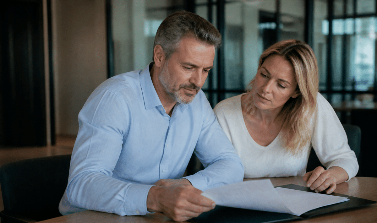Couple age avance consultant document financement immobilier assis bureau