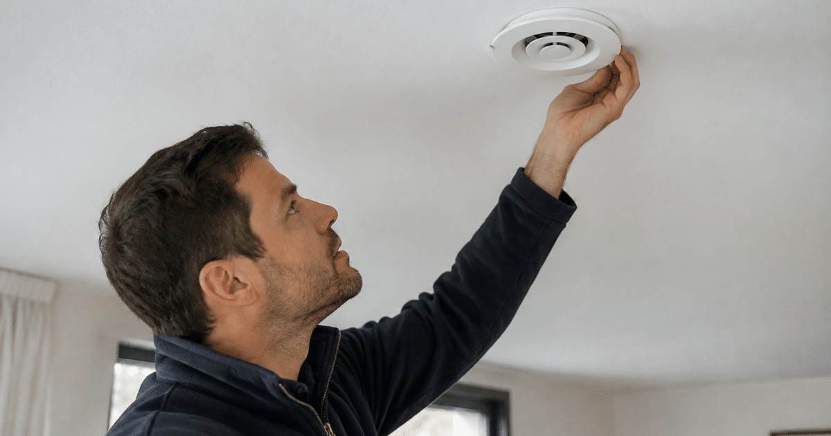 Technicien inspecte bouches aeration VMC silencieuses au plafond blanc