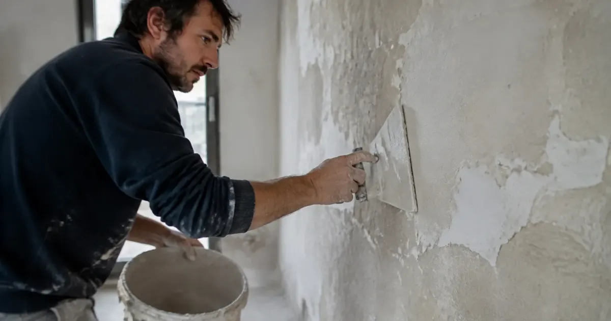 Artisan appliquant liant pale sur paroi inegale