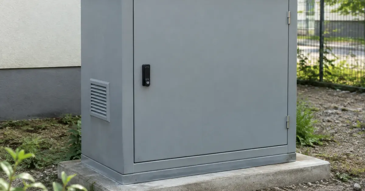 Boitier gris insonorise fixe sur dalle beton exterieure