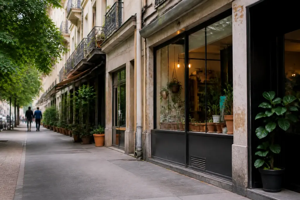 Facades residentielles avec petits commerces et vie locale