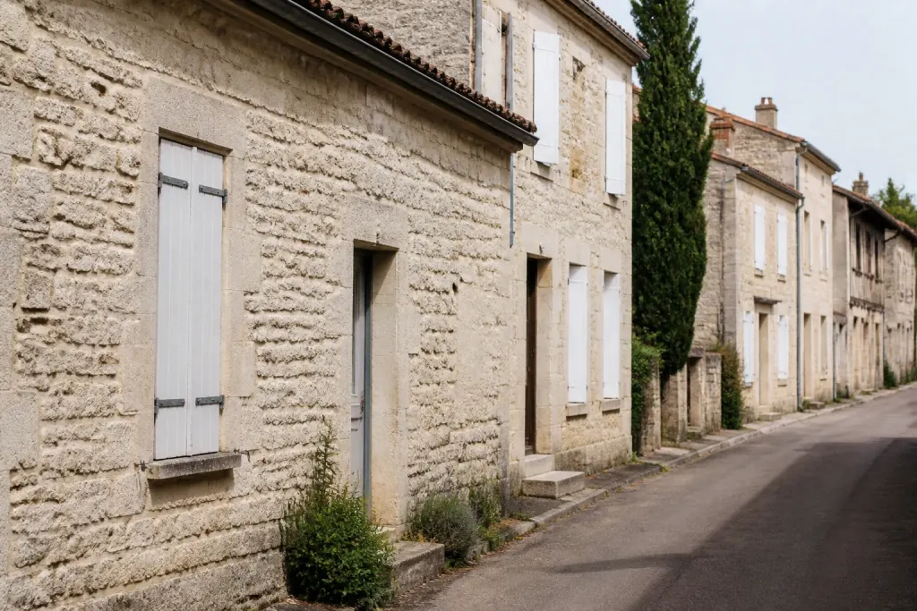 Maisons en pierre claire bordant une rue calme