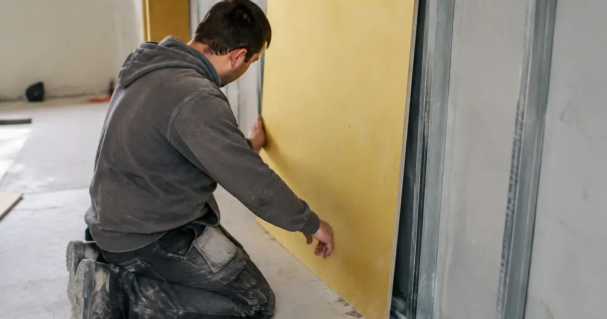 Ouvrier agenouille pose panneau jaune contre cloison