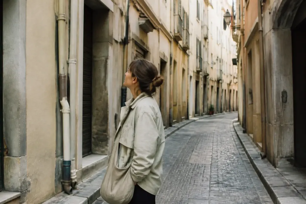 Personne examinant facades et batiments d'une rue