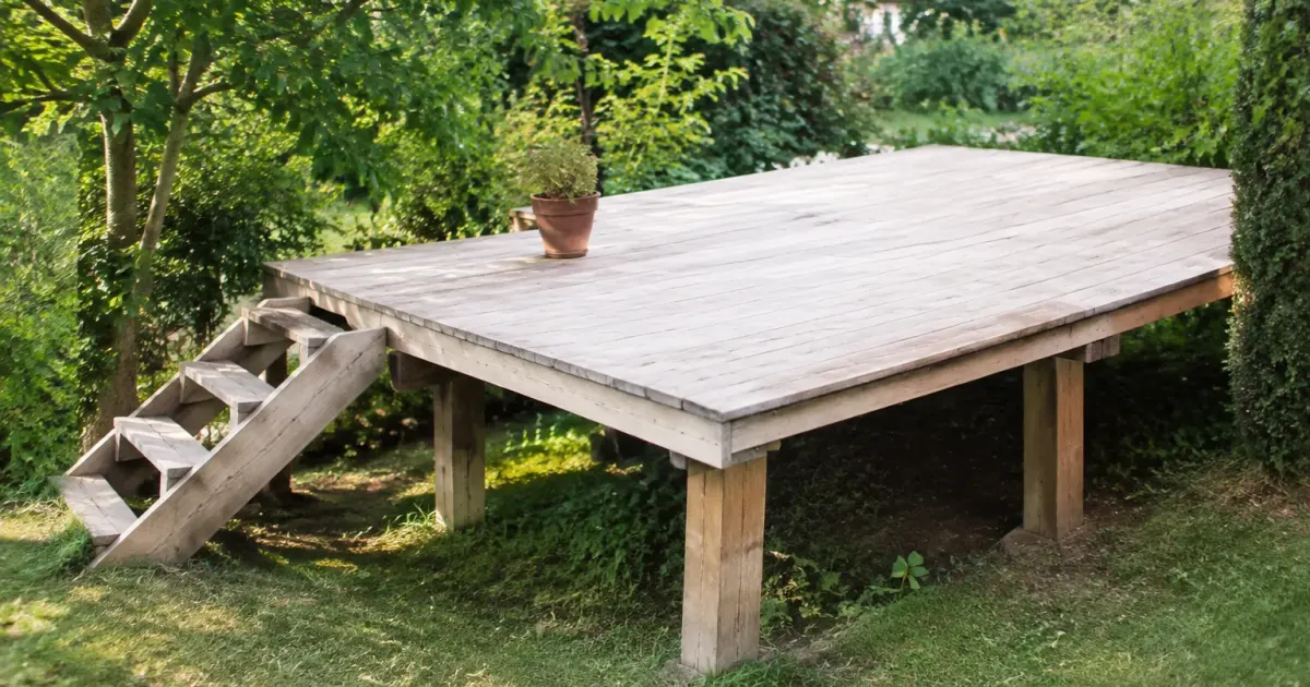 Plateforme claire surelevee soutenue par poteaux dans jardin verdoyant