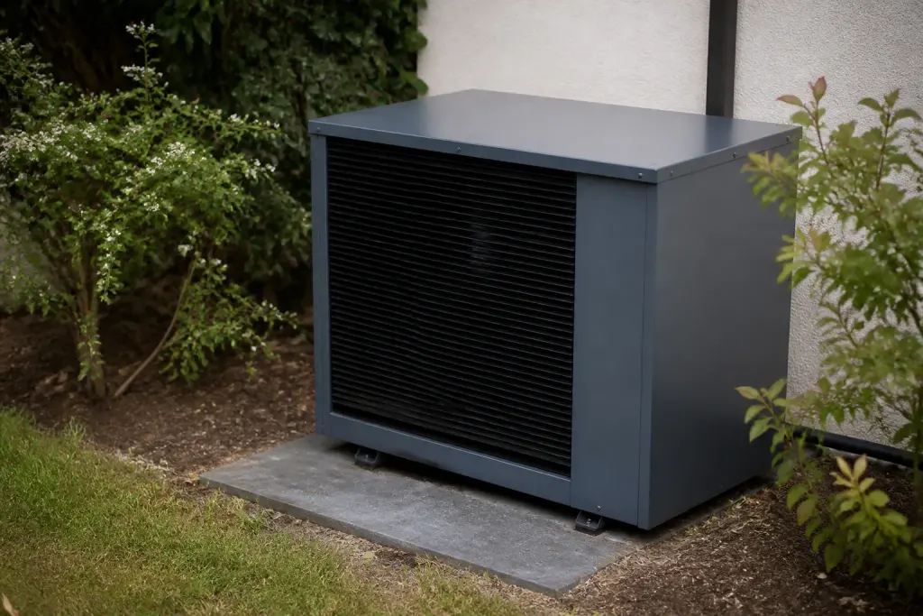 Pompe a chaleur exterieure dans un caisson gris insonorisant