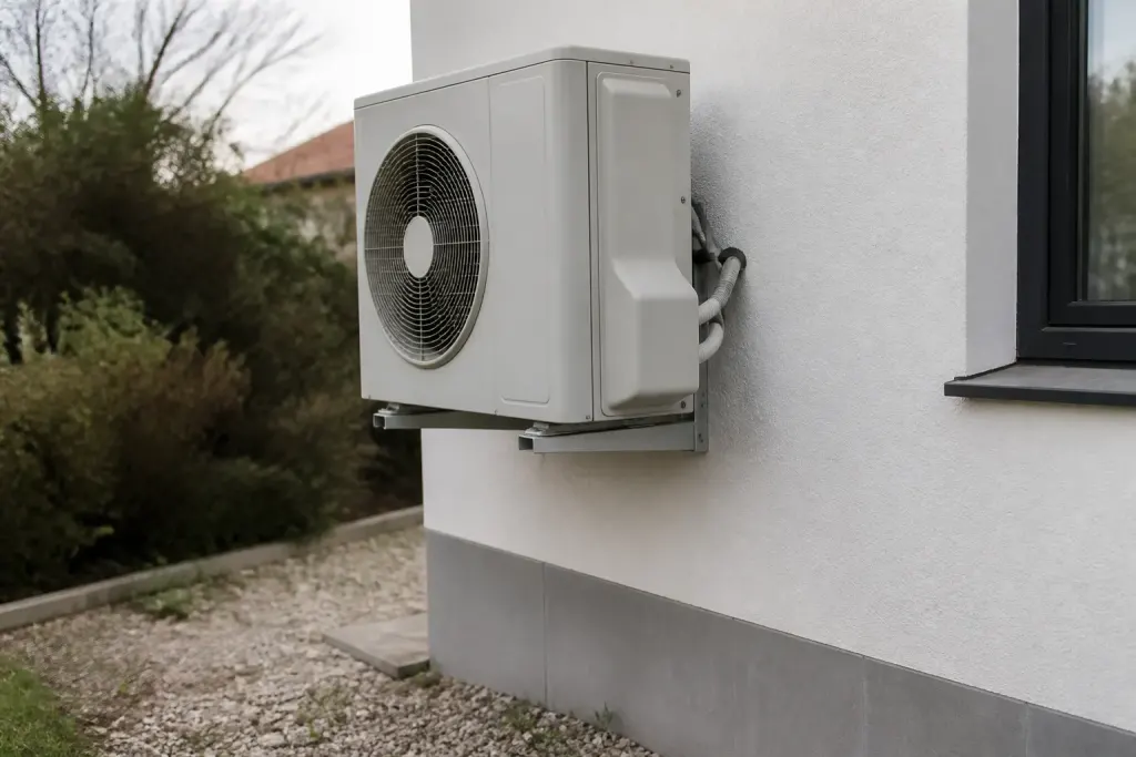 Pompe a chaleur exterieure fixee sur un mur blanc