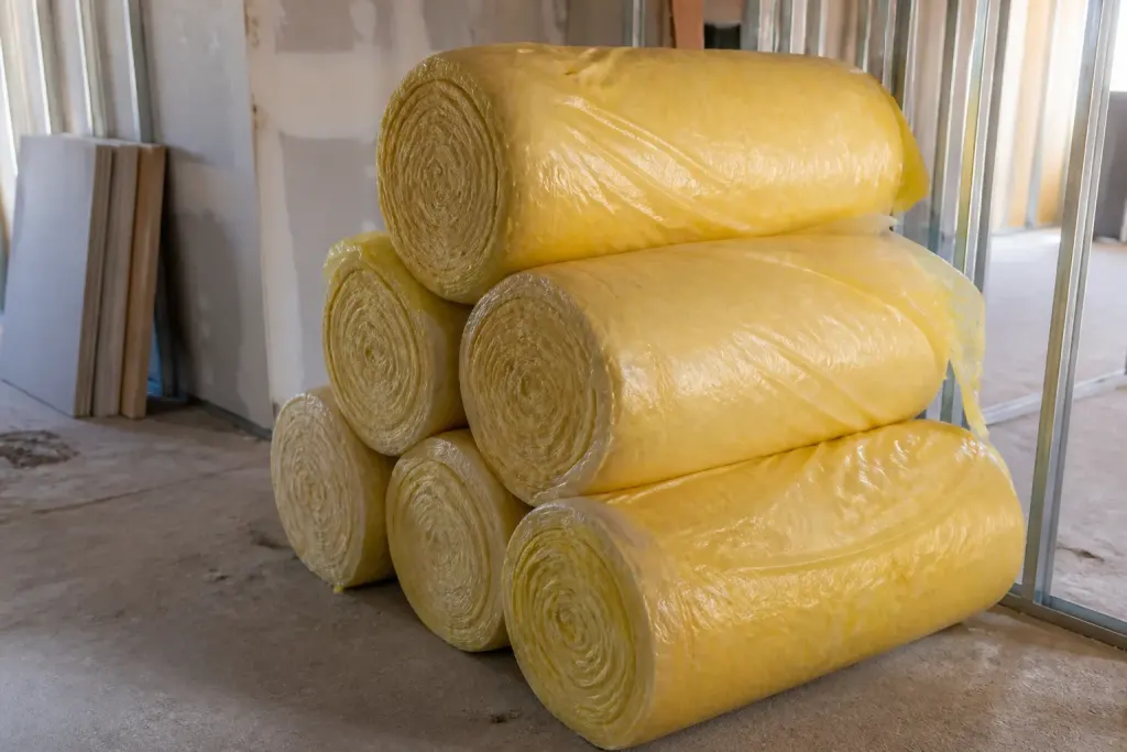 Rouleaux isolants jaunes empiles sur plancher de chantier