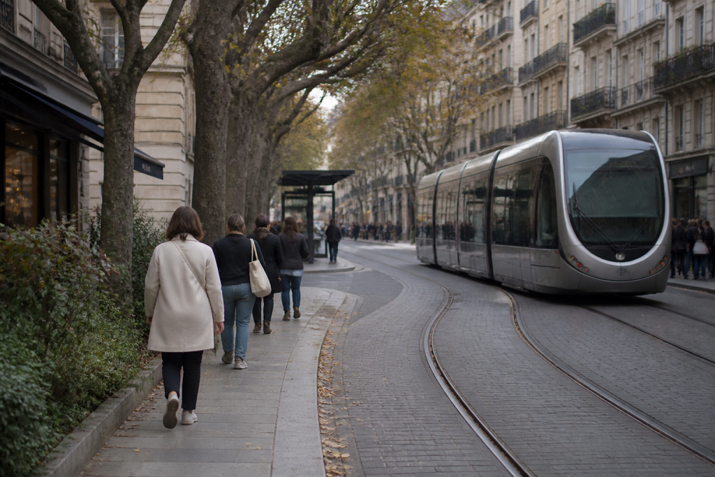 Rue animee avec tramway boutiques et passants