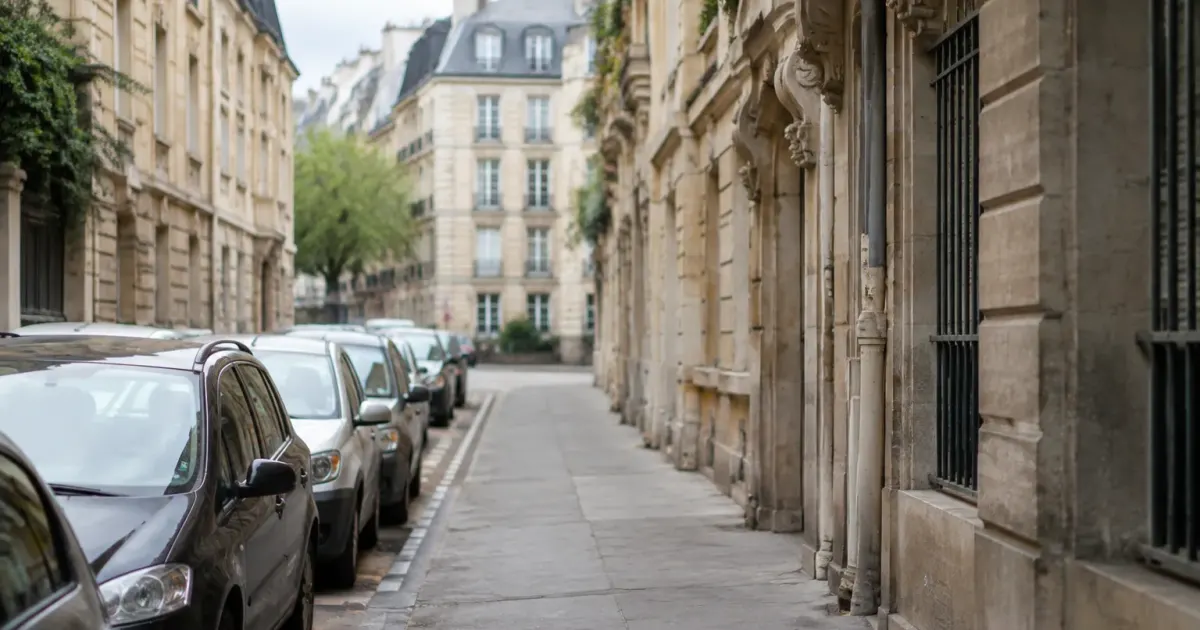 Rue calme bordee par immeubles anciens et voitures garees