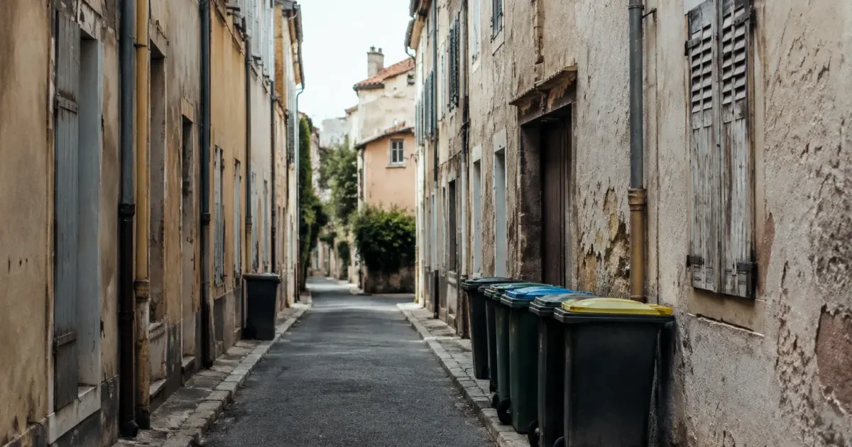 Rue étroite, façades dégradées, poubelles alignées sur le trottoir