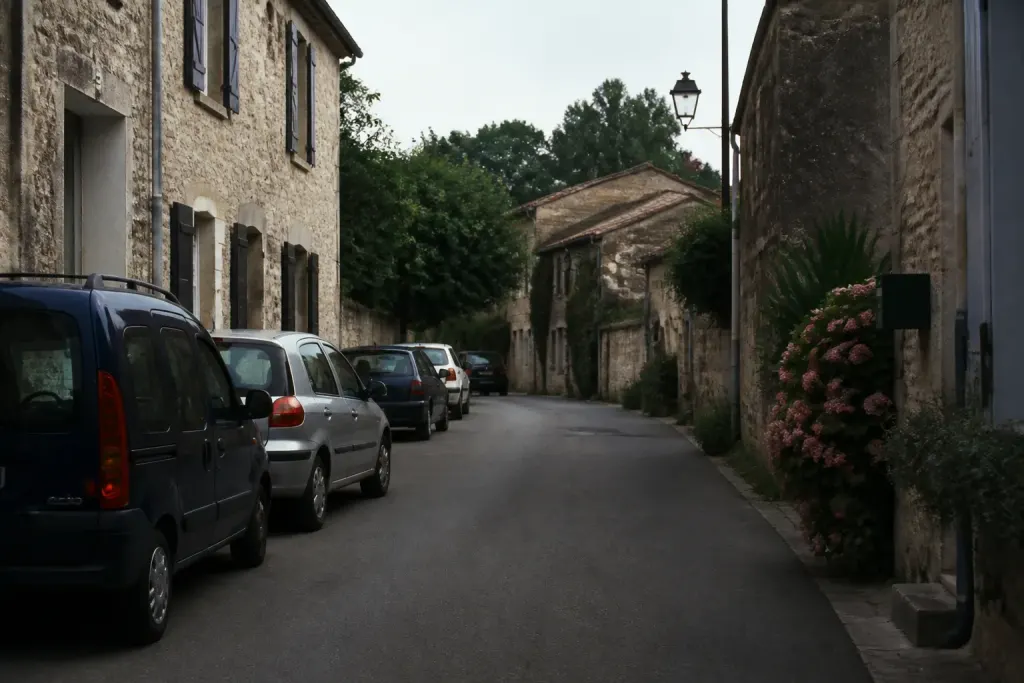 Rue tranquille bordee de maisons en pierre et voitures