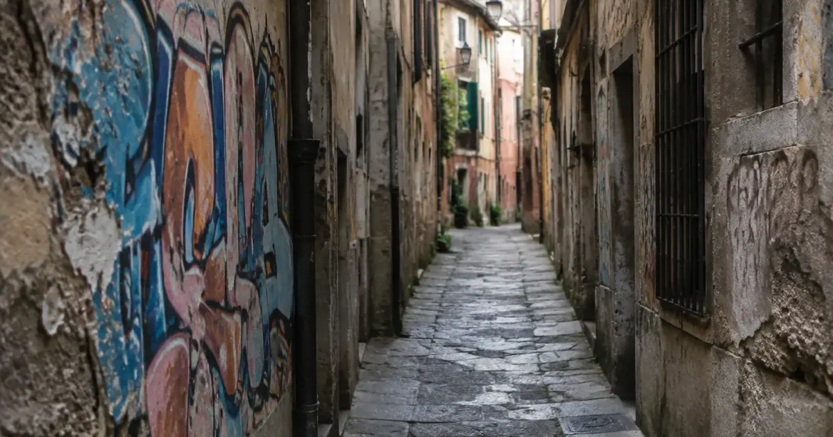 Ruelle etroite aux facades deteriorees avec graffitis sur murs