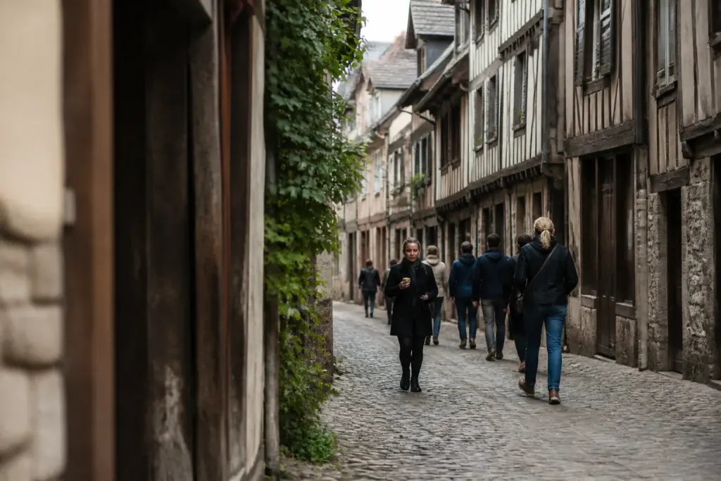 Ruelle pavee bordee de maisons a colombages et passants