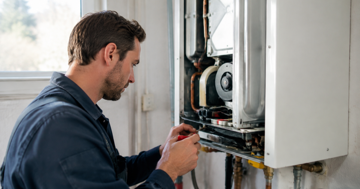 Technicien inspectant une chaudiere murale avec outils