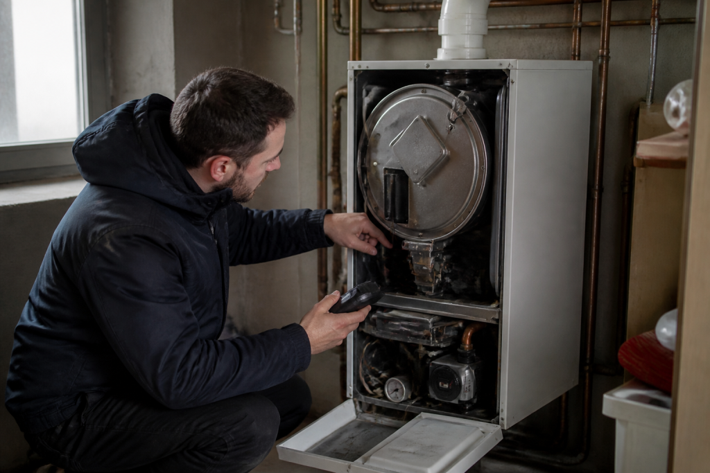 Technicien inspecte chaudiere avant saison hivernale