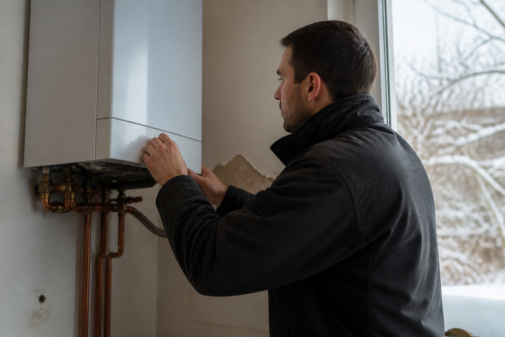 Technicien inspecte chaudiere murale maison hiver
