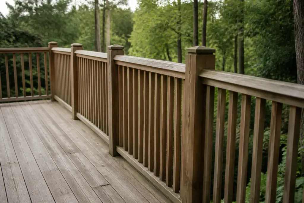 Terrasse en bois avec barreaux verticaux rapproches et poteaux