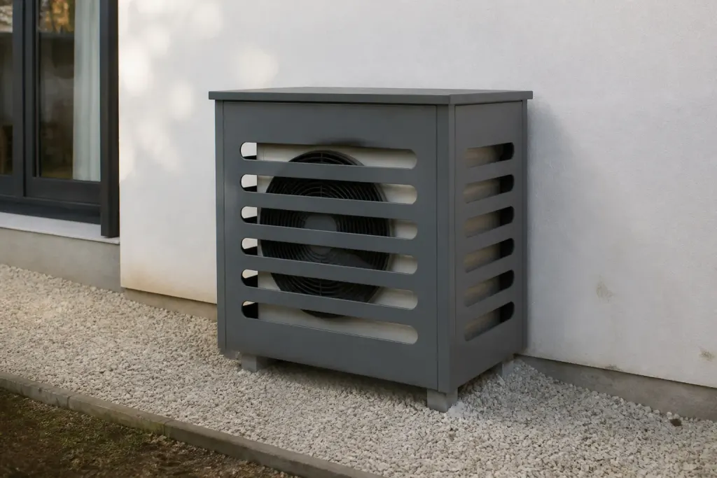 Unite exterieure coffree par panneaux gris avec ouvertures
